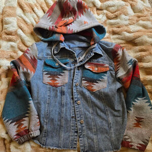 western denim jacket with removable hood, size large